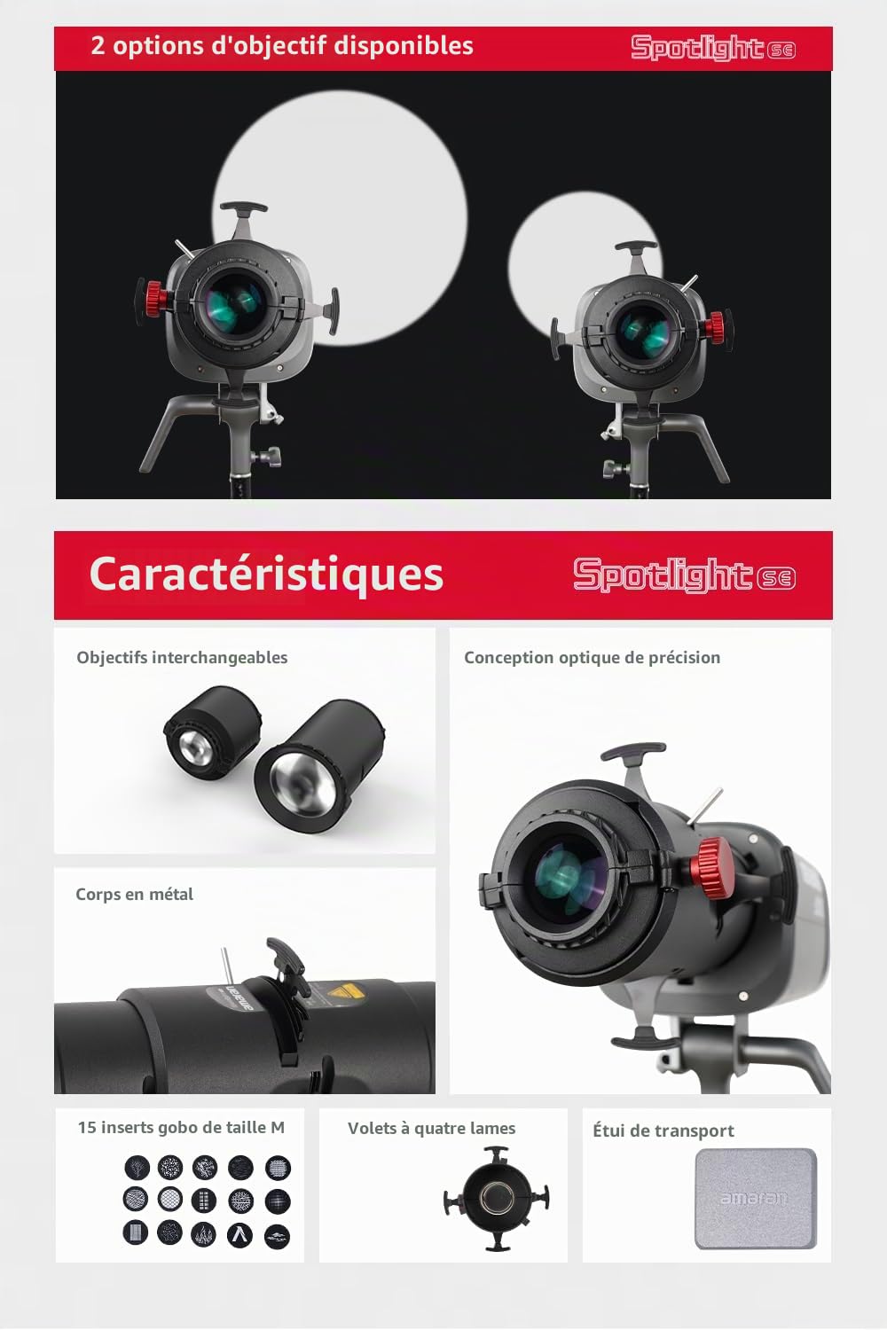 Amaran Spotlight SE 36° Kit d'objectifs de projection de précision pour Amaran 300c, 150c, 200x S, LS 300x, compatible avec Bowens Mount lumière ponctuelle jusqu'à 300 W