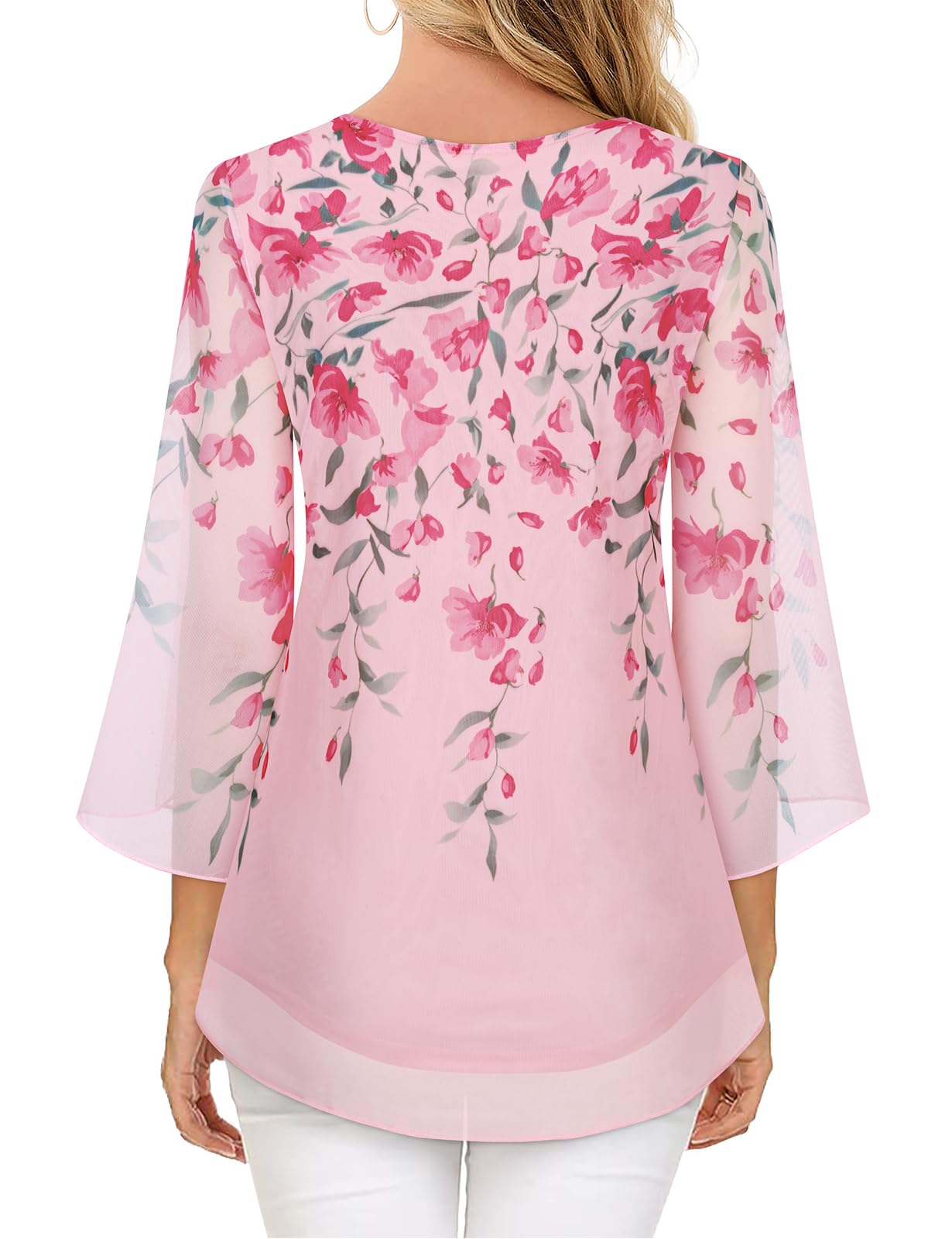 Syphiby Damen-Blusen mit Rüschen, 3/4-Ärmel, Tunika, Tops, locker, fließend, quadratischer Ausschnitt, Chiffon, doppellagig, Netzhemden, M-3XL