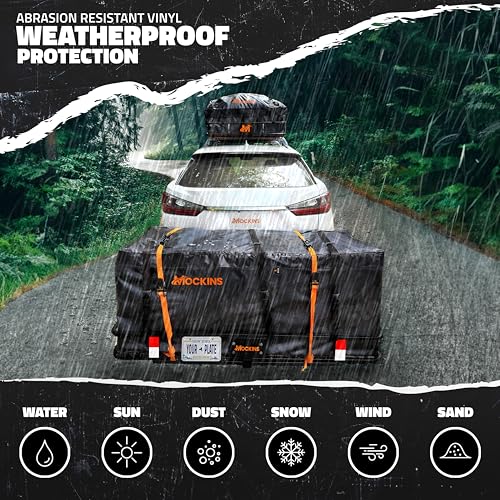 Mockins 60"x20"x6" Heavy Duty Trailer Hitch Cargo Carrier w/License Plate Holder & 16 Cu.Ft. Waterproof Cargo Bag for Hitch Carrier | All-Weather 500 Lbs Cap Folding Luggage Rack for SUV Car & Truck