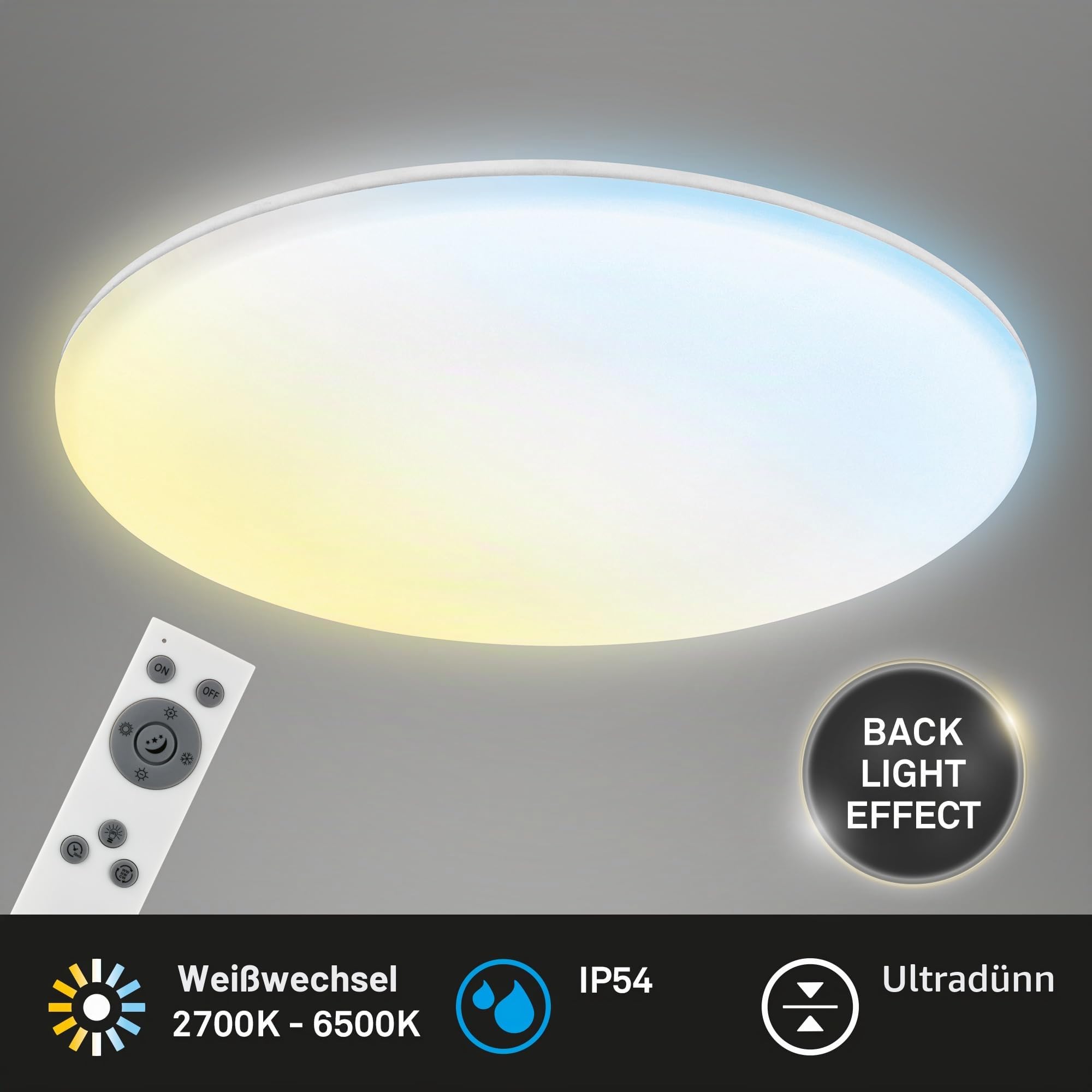 BRILONER - LED Deckenlampe Bad mit indirektem Licht, Fernbedienung, Staub- und Spritzwasserschutz, LED Deckenleuchte, Badlampe, Badezimmerlampe, Küchenlampe, Feuchtraumleuchte, 35 x 5,5 cm, Weiß
