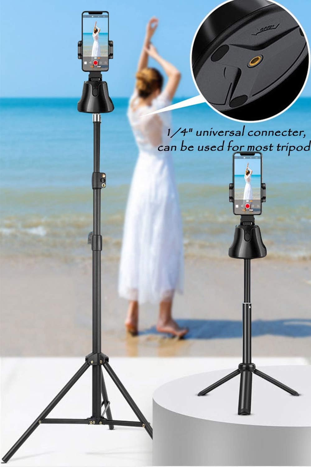 Selfie Stick Tripod 360°Rotation Auto Smart Face & Object Tracking Cell Phone Tripod Holder for Video Recording, Work with Tripod for iPhone Android