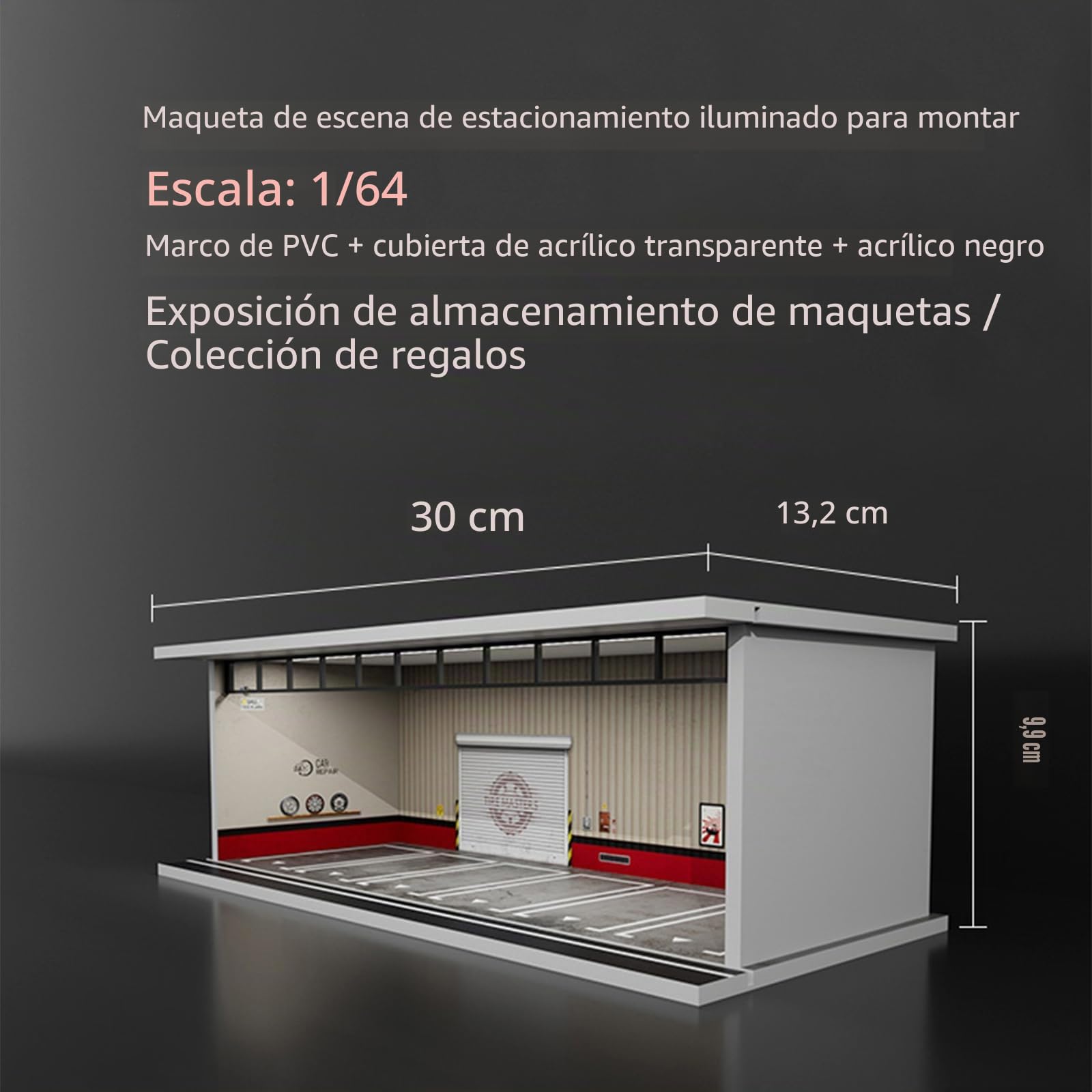 Bivitre Vitrina de Coche a Escala 1/64 con luz LED y Cubierta acrílica, Dioramas de cochera con 6 plazas de estacionamiento, 1/64-6Poff Road