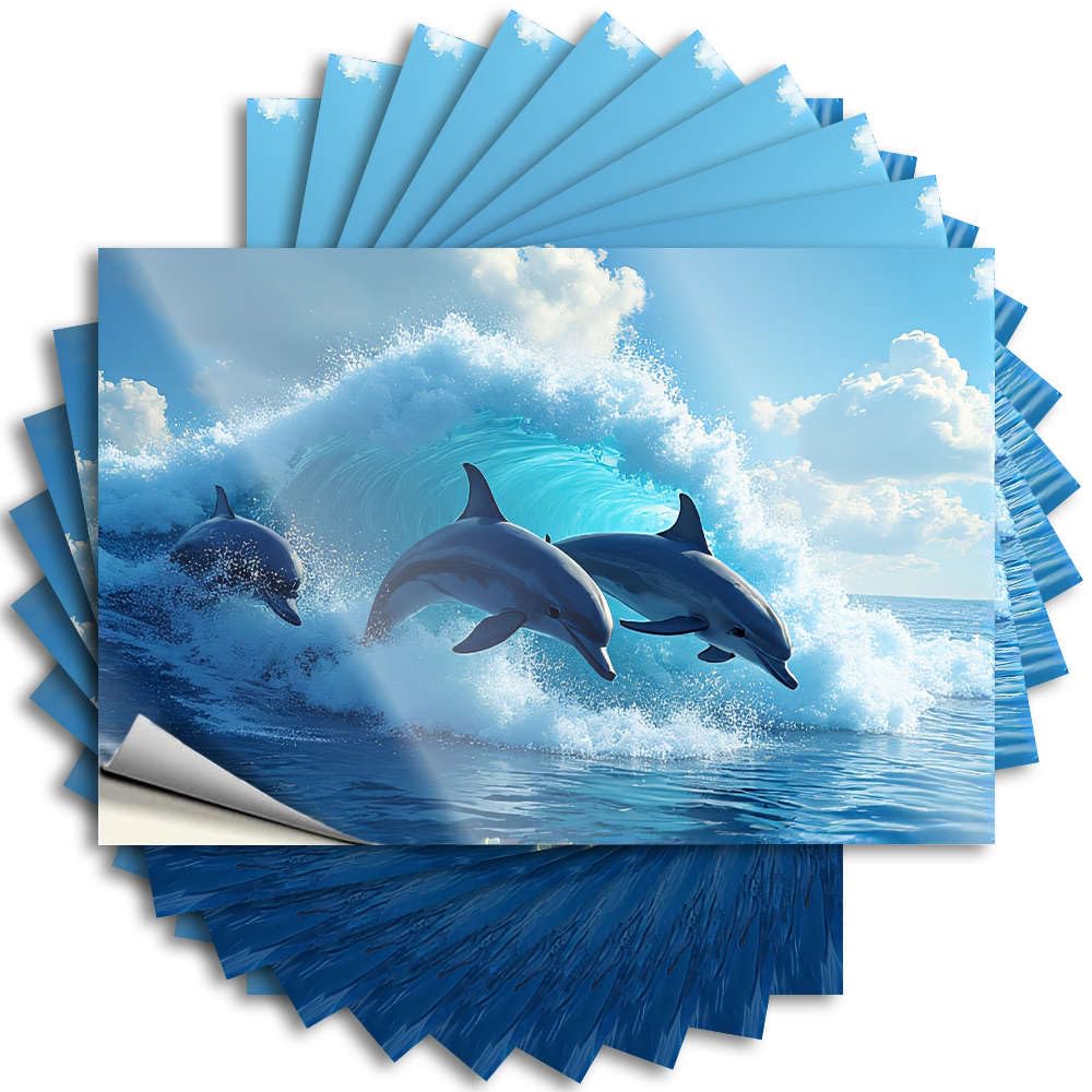 Fzfn Colour Music Sticker Tumbler | Three Dolphins Leaping Over A Crashing Wave. Coastal Tiki Sticker Pack(12X18cm)