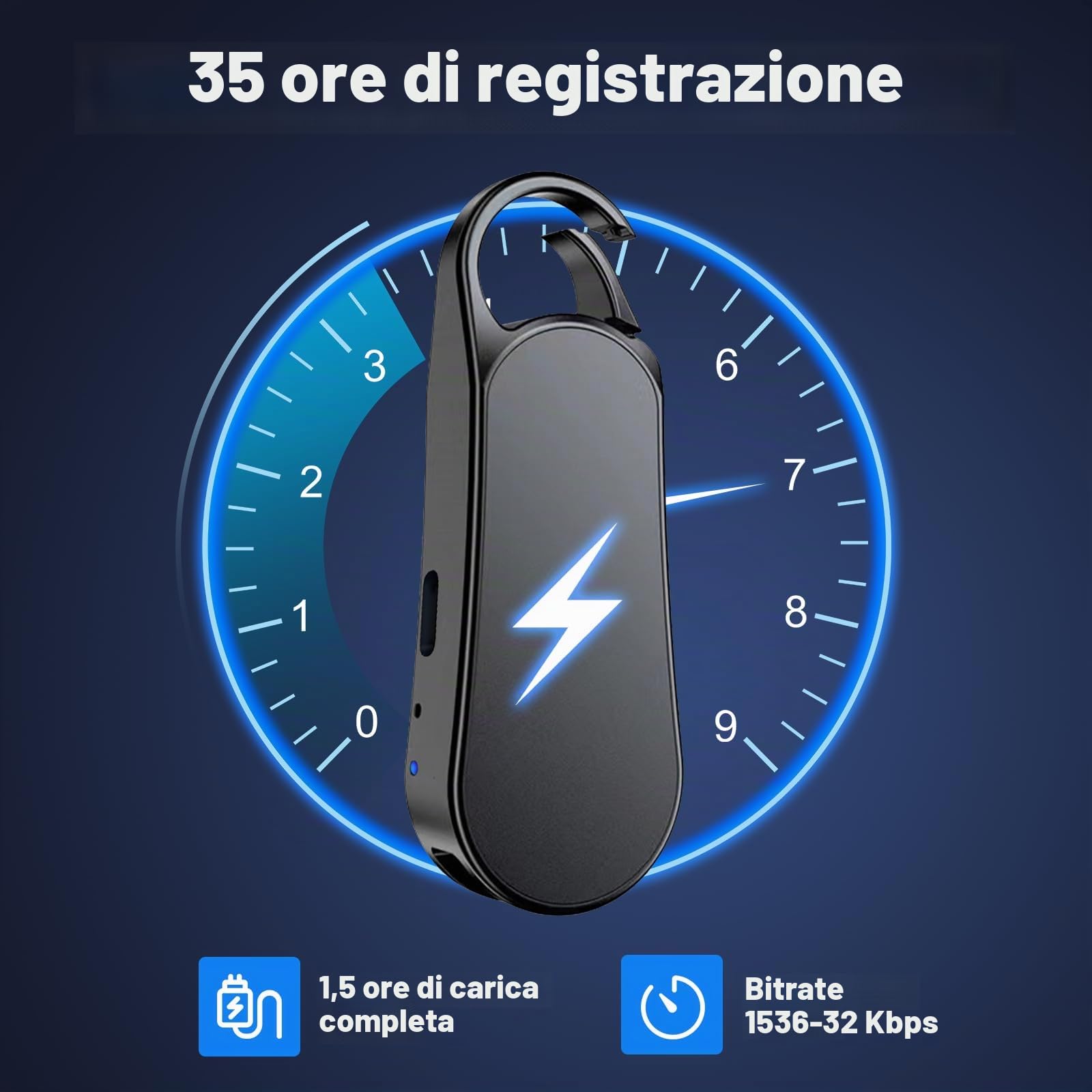64GB Ponovo Registratore Vocale Design Portachiavi con Custodia in Metallo, Funzionamento a Un Tasto, Audio Hi‑Fi 1536 kbps e Attivazione Vocale – Ideale per Interviste e Riunioni
