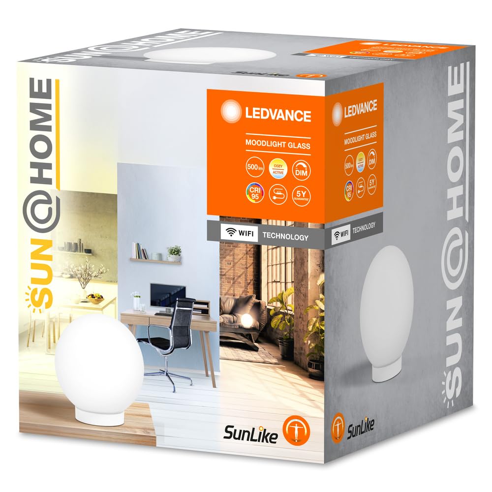 LEDVANCE SUN@HOME Moodlight Glass 200 mm, blanco, 8,5 W, 500 lm, ajuste de luz automático, regulable, larga duración, controlable mediante aplicación, IP20, 2200K-5000K