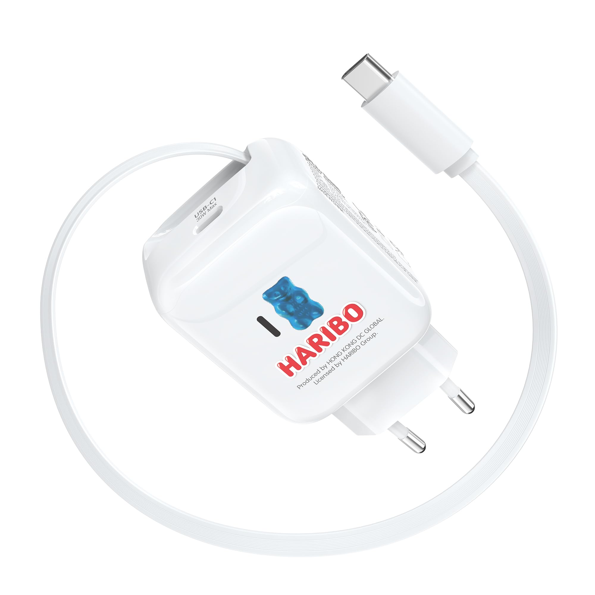 HARIBO 30W USB C Ladegerät mit Einziehbarem Ladekabel, Dual USB-C Schnellladegerät mit Kabel, GaN Netzteil Charger für iPhone 17 16 Pro Max, für iPad Pro, Galaxy S25 S24 Pixel, Reisen Geschenk, Blau