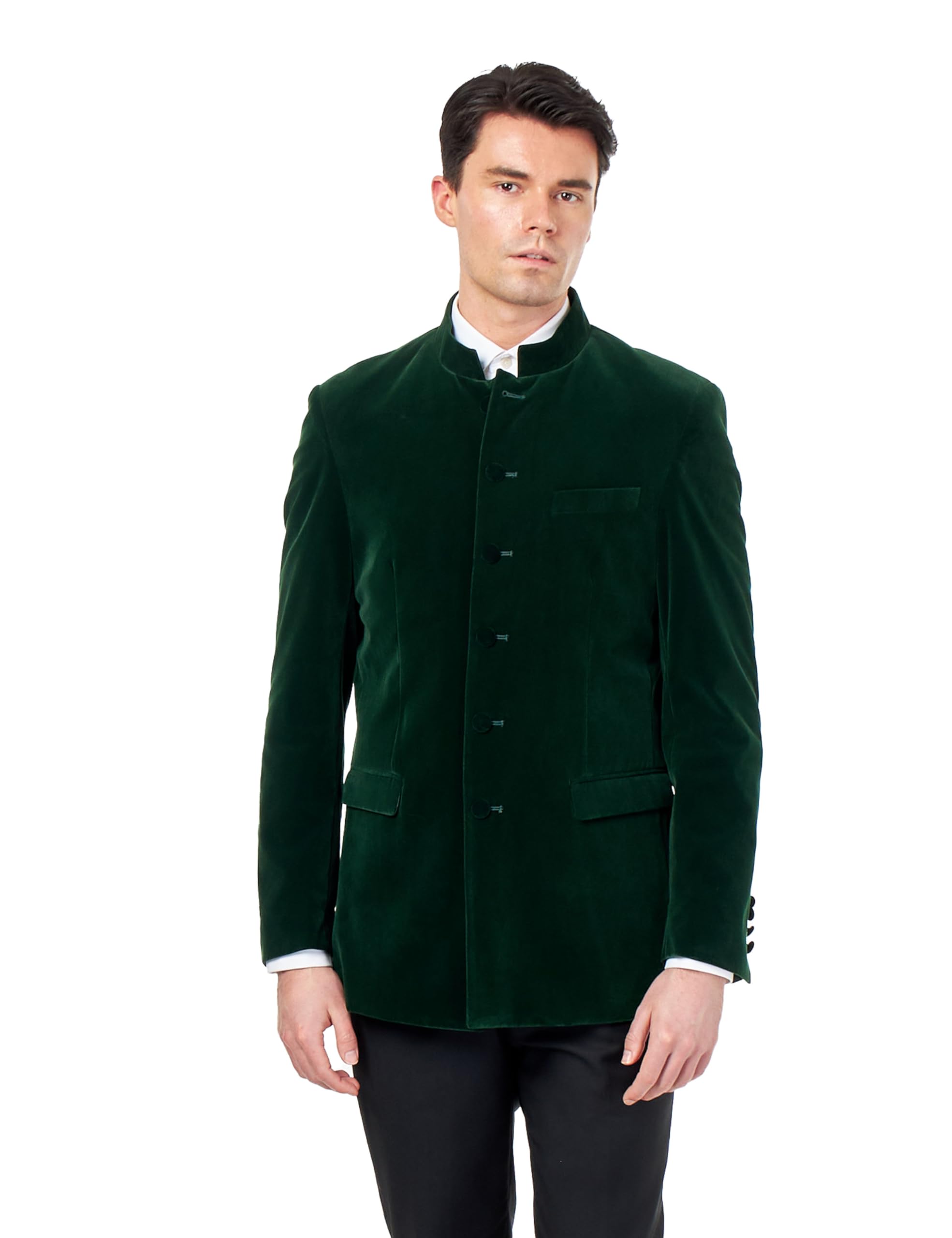 Men’s Green Velvet Smoking Nehru Jacket Classic Chinese Grandad Collar Wedding Party Blazer[BLZ-HARSHIL-Green, UK/US 42 EU 52]