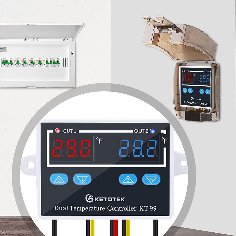 KETOTEK KT99 Temperature Controller with a table of parameter codes (P0, P1, P2, P3), their functions, set ranges, and default values.