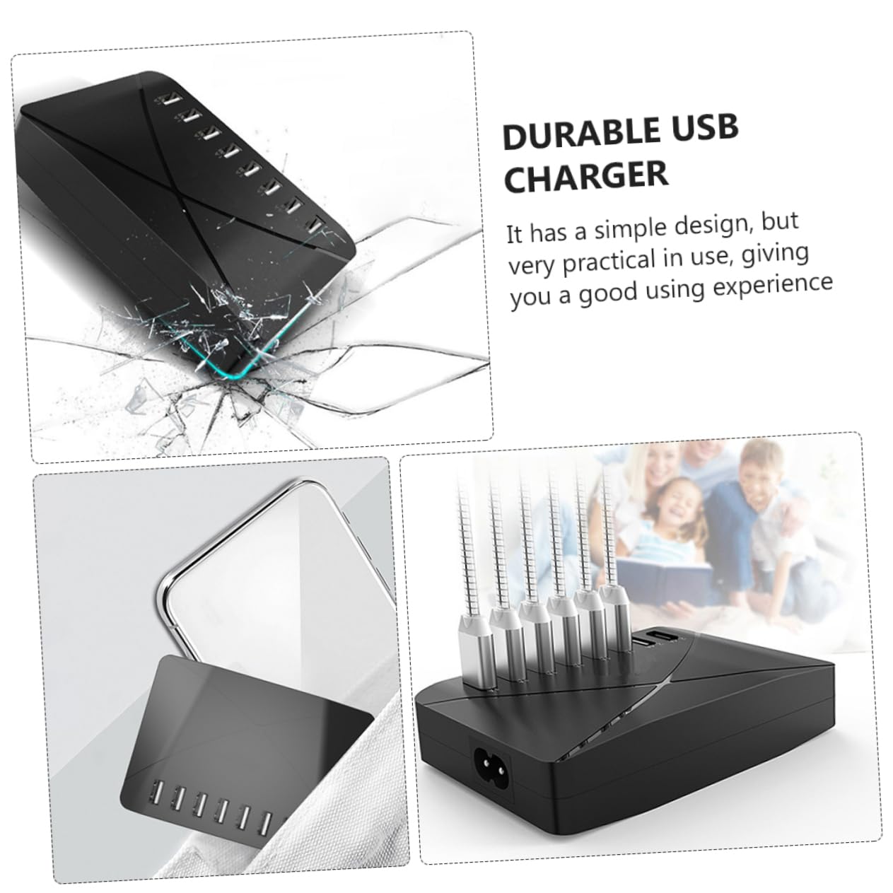Caricatore USB Multiplo 40w in Abs Nero, Stazione Portatile