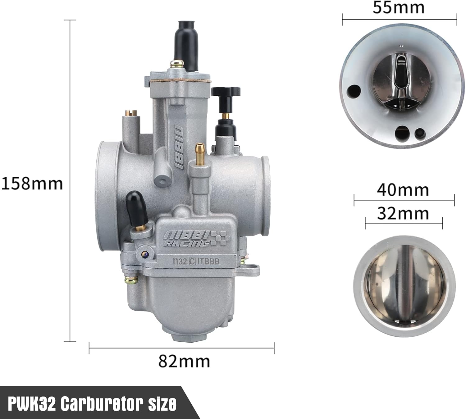 Technical drawing of NIBBI PWK32 Carburetor with dimensions in millimeters.