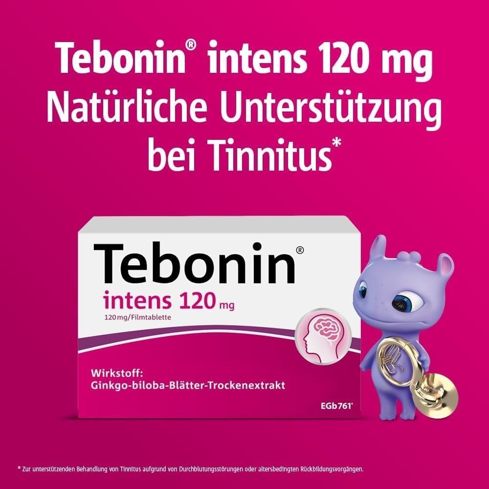 Tebonin intens 120 mg mit Ginkgo-Spezialextrakt bei Tinnitus*, 2 x 120 Stk. | Bei Tinnitus alters- oder durchblutungsbedingter Ursache, unterstützend bei Schwindel, pflanzlich & gut verträglich