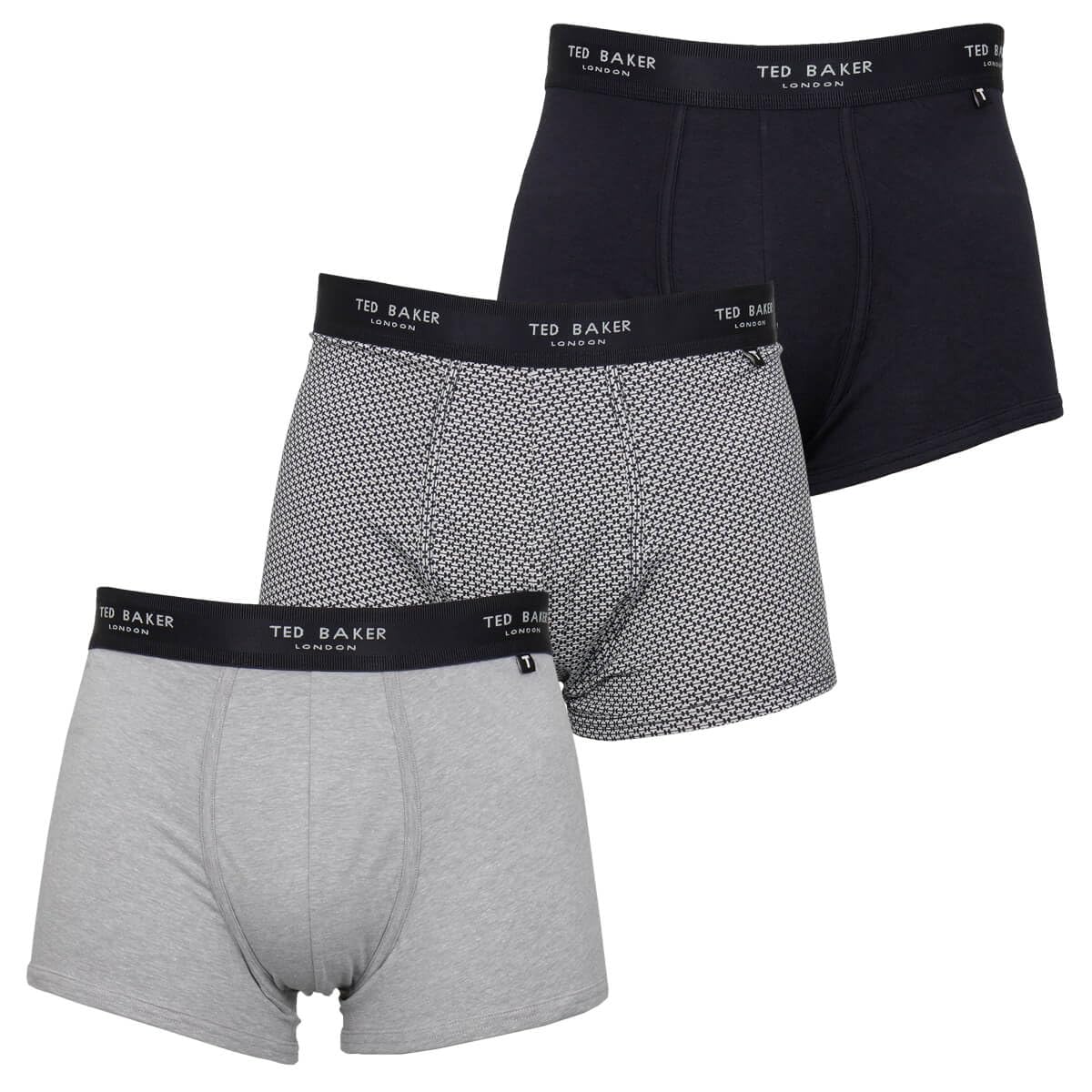 Ted Baker (L, Navy/Heather Grey/Mini Geo Navy) Mens Three Pack Cotton Trunk Breathable Boxer Briefs Blue