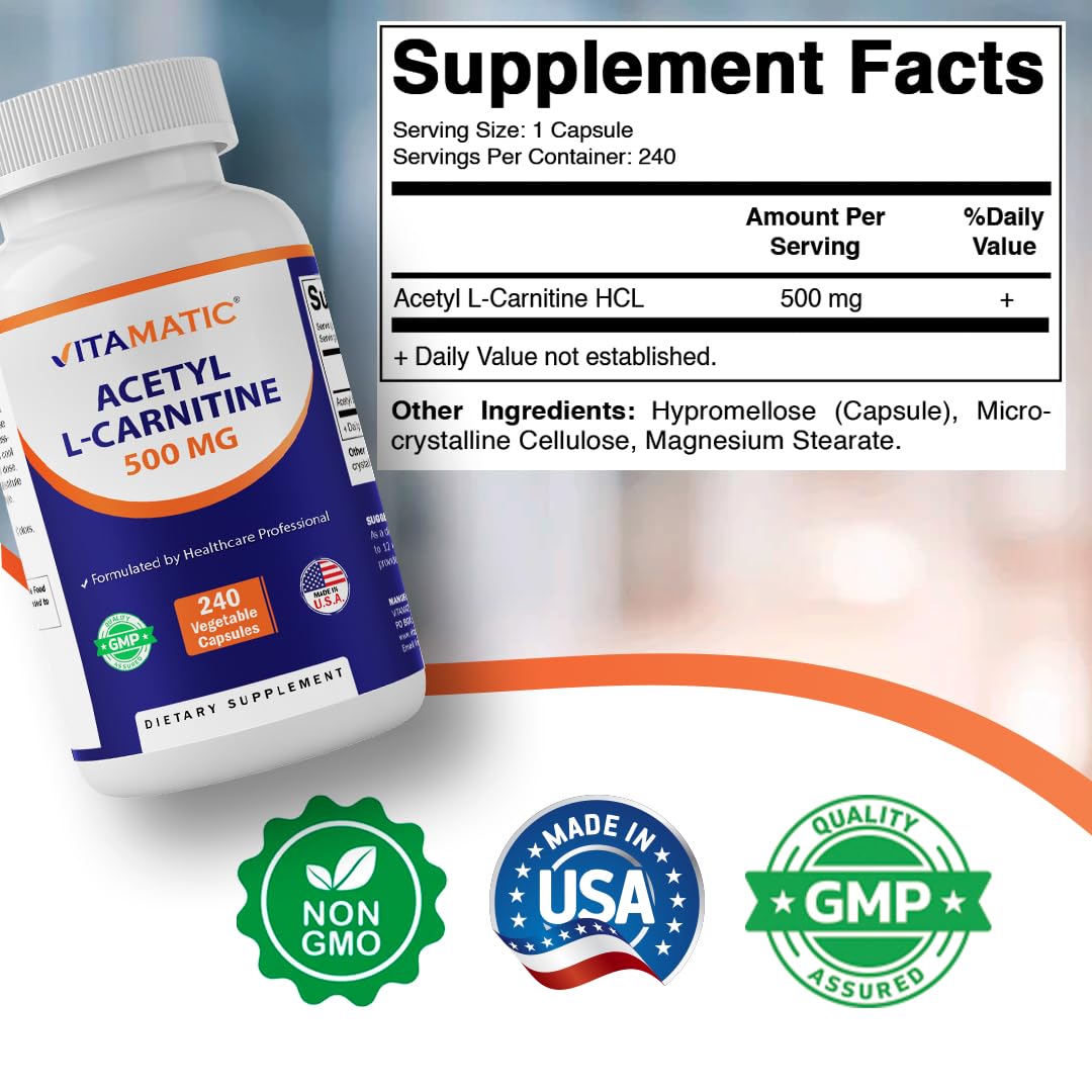 Vitamatic Acetyl L-Carnitine 500mg, 240 Vegetarian Capsules – Amino Acid Supplement, Non-GMO, Gluten Free, Made in USA — Amazon image 2