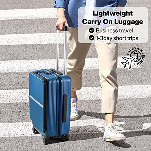 Image of Hanke 20 Inch Carry On Luggage Airline Approved Hard Shell Suitcases with Wheels & Front Pocket TSA Luggage Lightweight Carry On Suitcase for Travel Rolling Luggage for Woman Man, Blue, Carry On