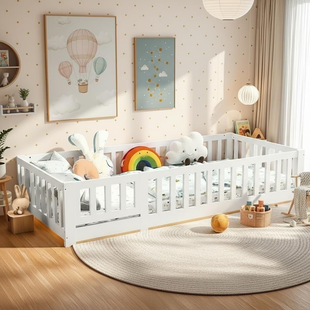 Łóżko dziecięce z zabezpieczeniem przed upadkiem i stelażem, rama łóżka Montessori dla dzieci, łóżko piętrowe Montessori z litego drewna sosnowego, łóżko pojedyncze białe dla chłopców i dziewczynek
