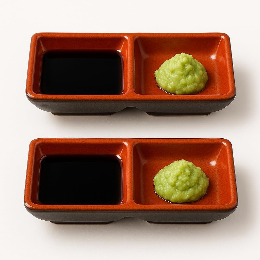 JapanBargain 2395, Japanese Style Soy Sauce Dishes Dipping Bowls, Red and Black Color, Two Compartments, 2 Pack