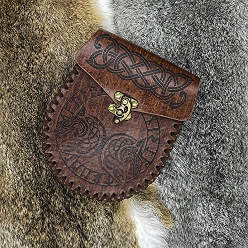 HiiFeuer Nordic Embossed Belt Bag, Retro Medieval Faux Leather Side Pack, Vintage Portable Belt Pouch for LARP Ren Faire (Fenrir) - Image 4