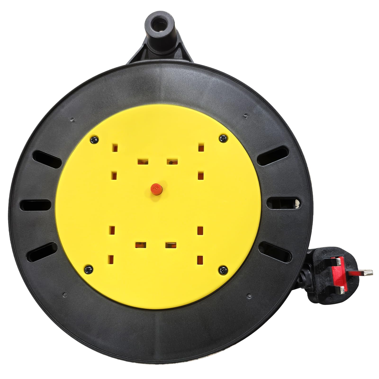 10 Metre Portable Cable Reel Extension Lead - 4-Way Power Sockets, Thermal Cut Out, Ergonomic Handle, Yellow/Black - Heavy Duty Portable Drum Reel Power Extension Cord for Indoor Workshop Utility