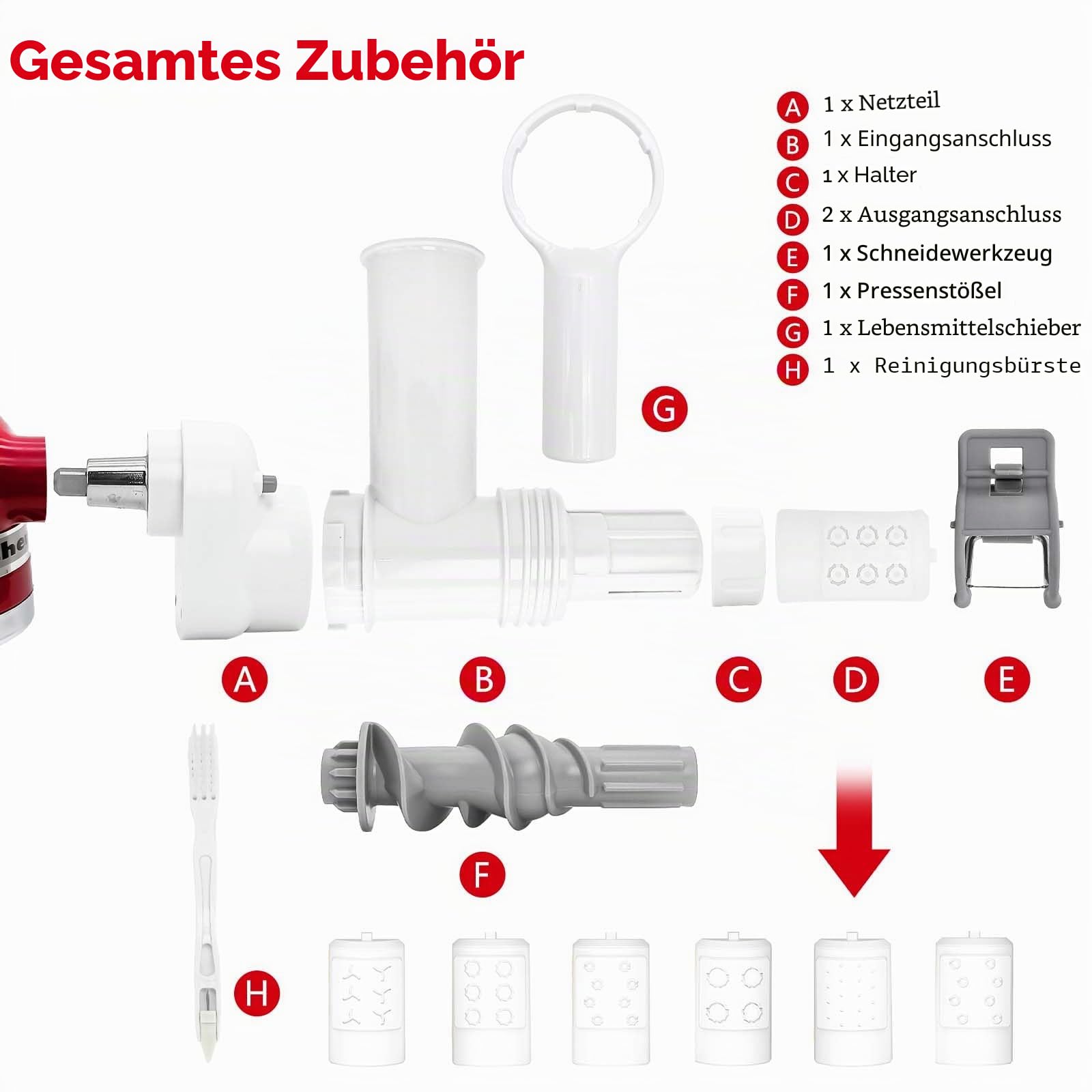 Nudelaufsatz kompatibel mit Kitchen Aid Standmixer, 6 Nudelformen, 6 in 1 Nudelkocheraufsätze