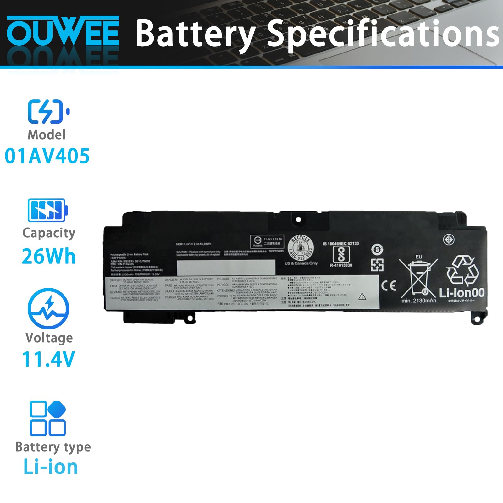 Replacement Battery For Lenovo ThinkPad T460s T470s – 27Wh, 3-Cell, 11.46V (00HW024/01AV406)