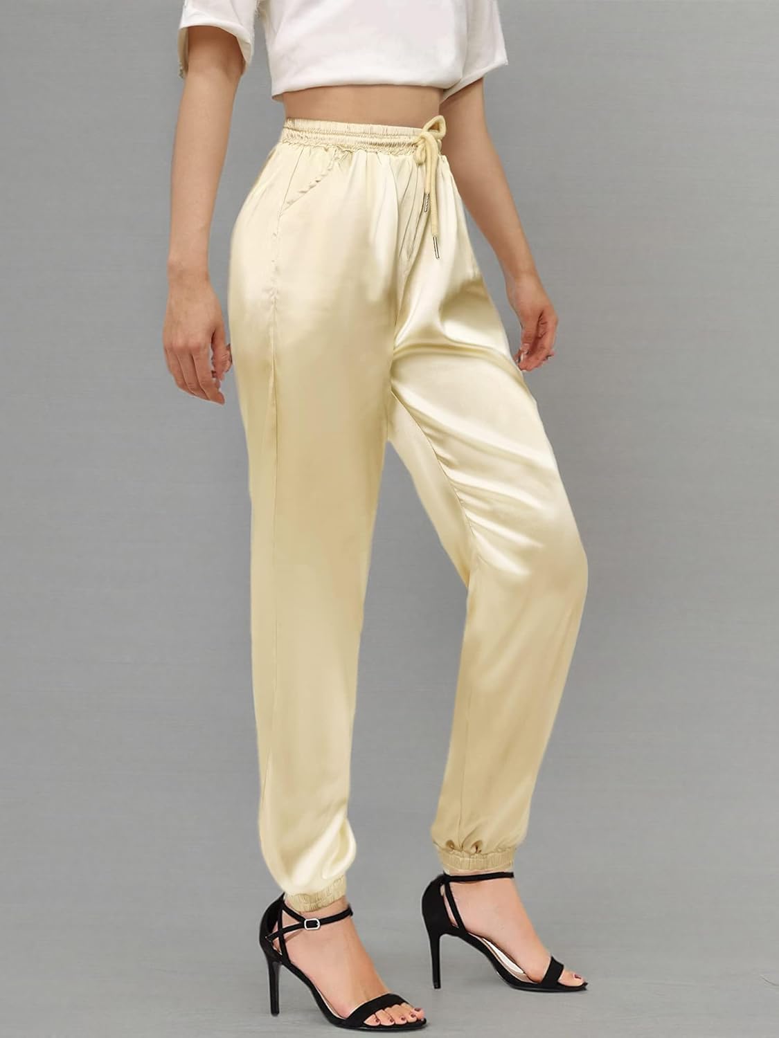 Betusline Women's Solid Color Drawstring Tie Elastic Waist Loose Satin Joggeing Pants with Pockets, Champagne, US X-Large = Tag XL - Image 8