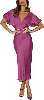 Satin V Neck Puffy Sleeves Silk Midi Dresses Empire Waist Elegant Tie Back Formal Cocktail Dress for Women Wedding Guest - Buy now
