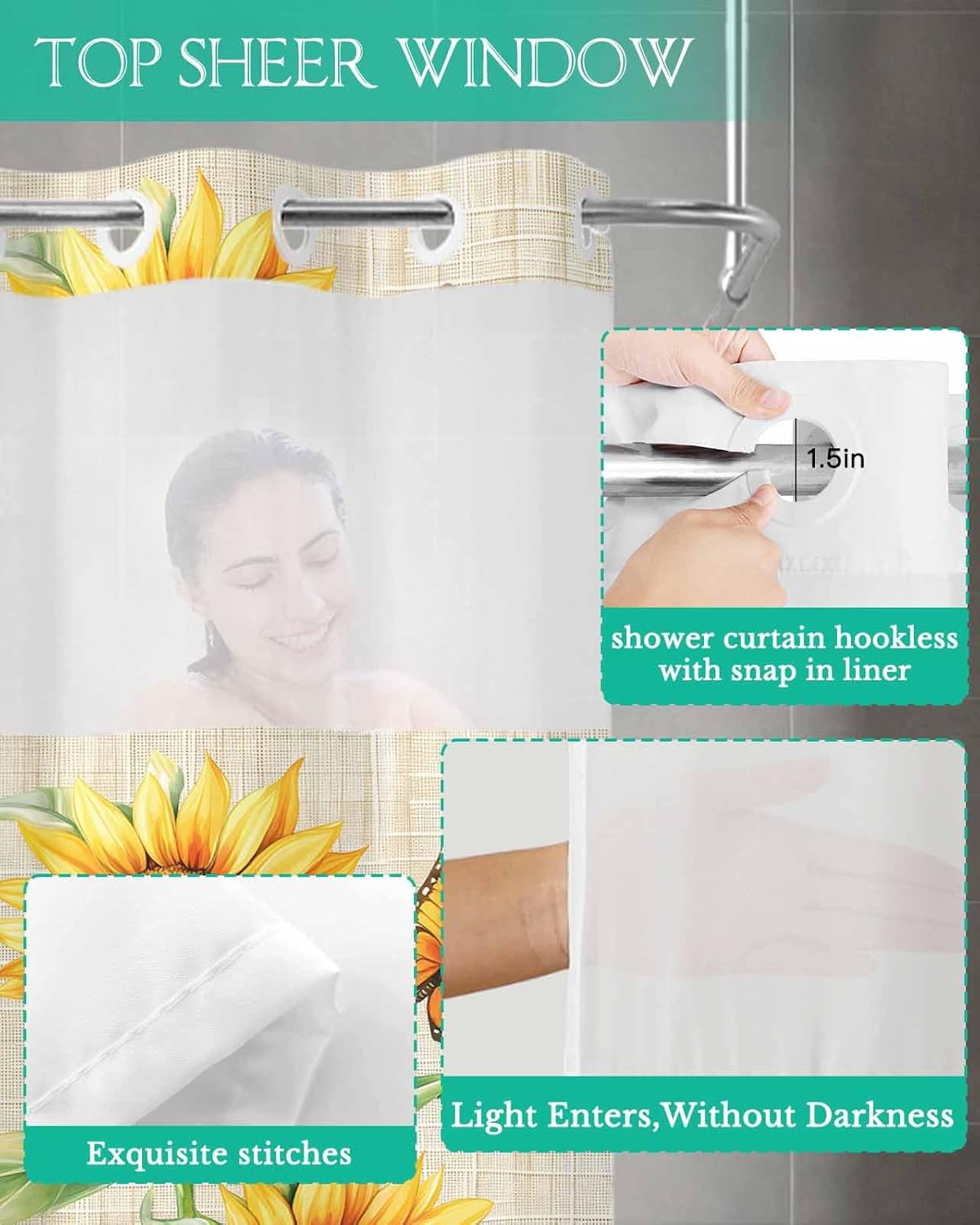 Savannan No Hook Shower Curtain with Snap in Liner, Sunflower Butterfly Summer Waterproof Fabric Bathroom Curtain Mesh Top Window Washable Vintage Farm Flower 72" x 72"