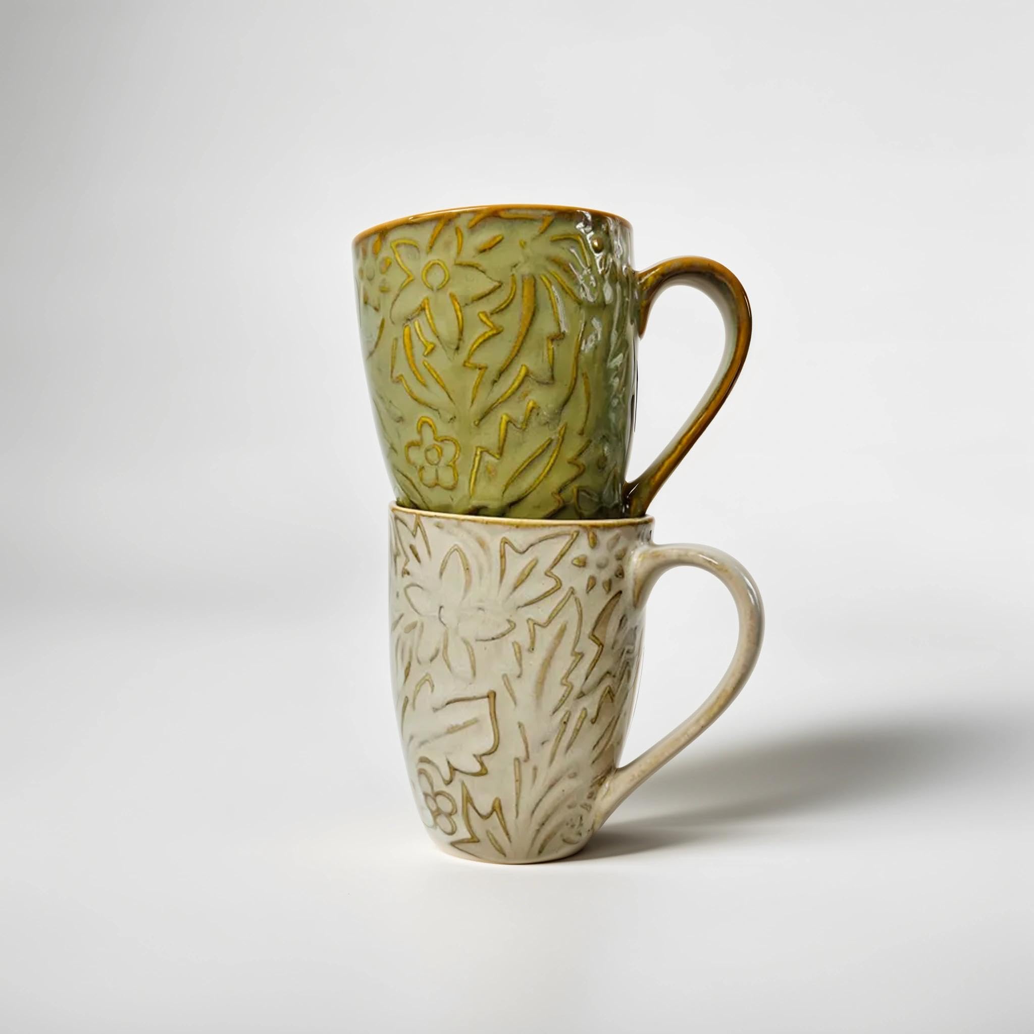 Shyn Nest Set of 2 Ceramic Coffee Mugs | Green and Cream Coffee Mugs | 2 Embossed Floral Milk Mugs | Microwave Safe Coffee Mugs | Diwali Gift for Family and Friends (B0DF591W25) Amazon Price History, Amazon Price Tracker