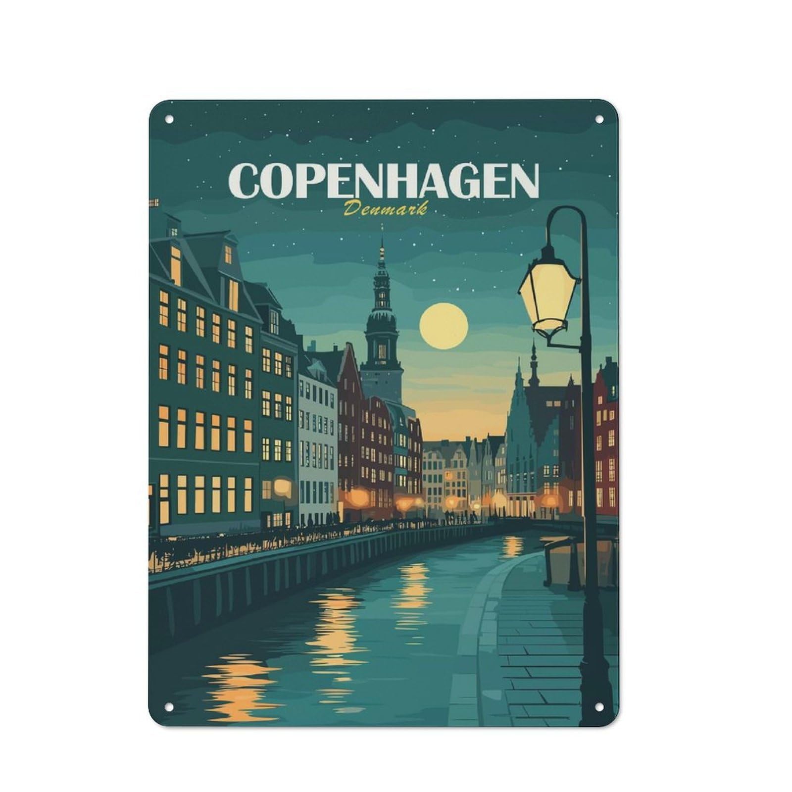 Junmoney Copenhagen, Denmark Cityscape At Night 40X30cm Rustic Metal Plaque With For Café Or Restaurant, For Themed Interiors In Cafés And Restaurants