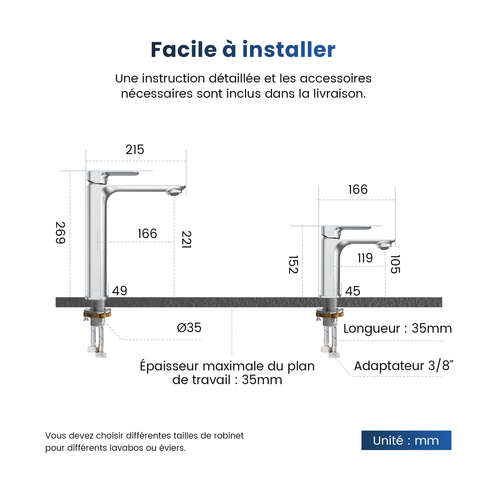 EMKE - Grifo de baño cromado, mezclador de latón con cartucho de cerámica y aireador, instalación fácil, 269x215x49 mm, grifo de lavabo duradero, ahorro de agua