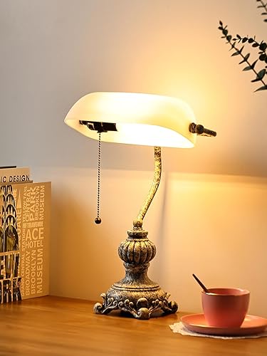 Miniatura 2 de Newrays Lámpara de escritorio retro de cristal mate blanco mate para oficina en casa, biblioteca con interruptor de cadena de tirón, enchufe en el