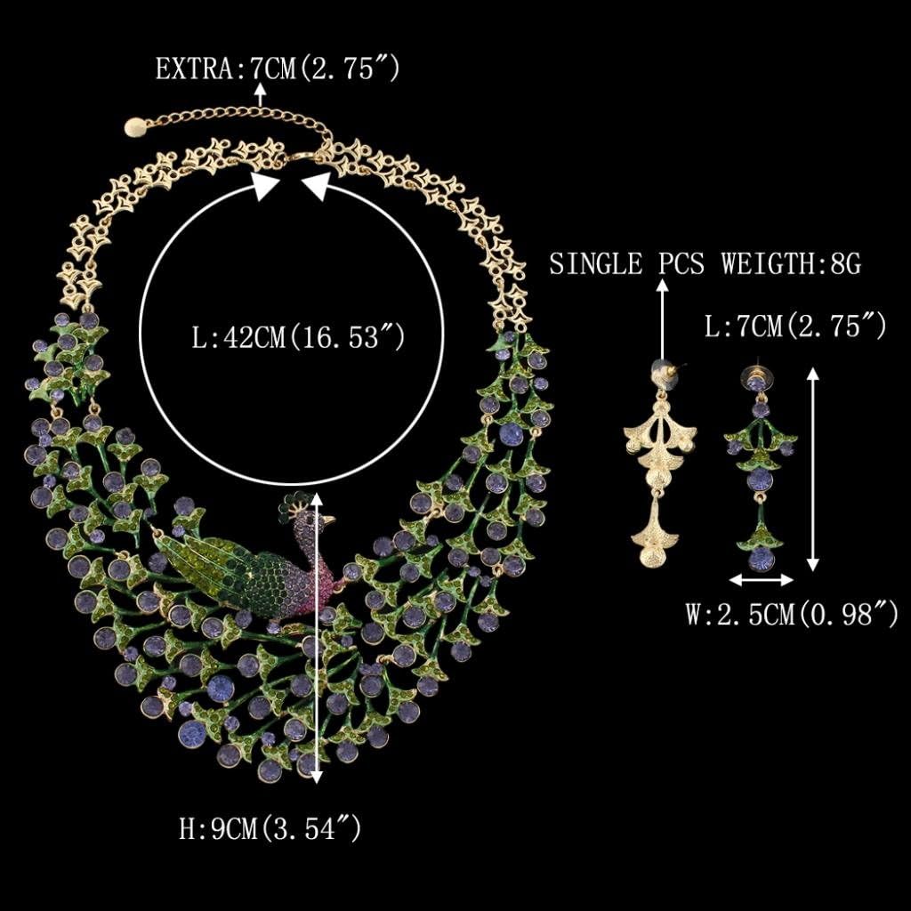 EVER FAITH Women's Austrian Crystal Enamel Peacock Statement Necklace Earrings Set Gold-Tone