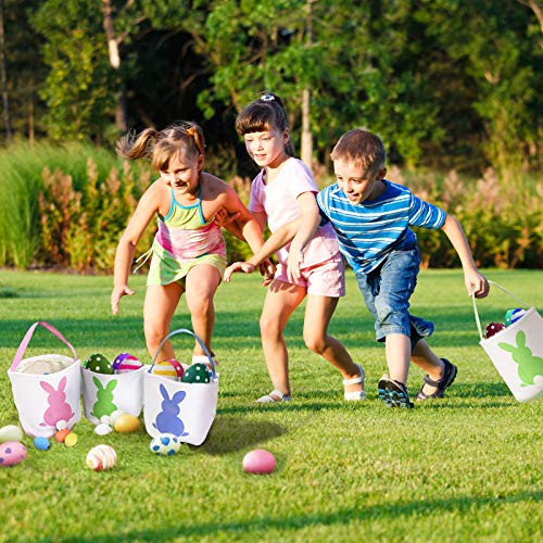 Yuboa Bunny Basket Canvas Bags and Easter Burlap Banner,2 Pcs Bunny burlap banner +3 Pcs Rabbit Hunt Bags Easter Egg Basket Bucket Tote Gift Candy Stuffer For Kids Toddlers Boys Girls.