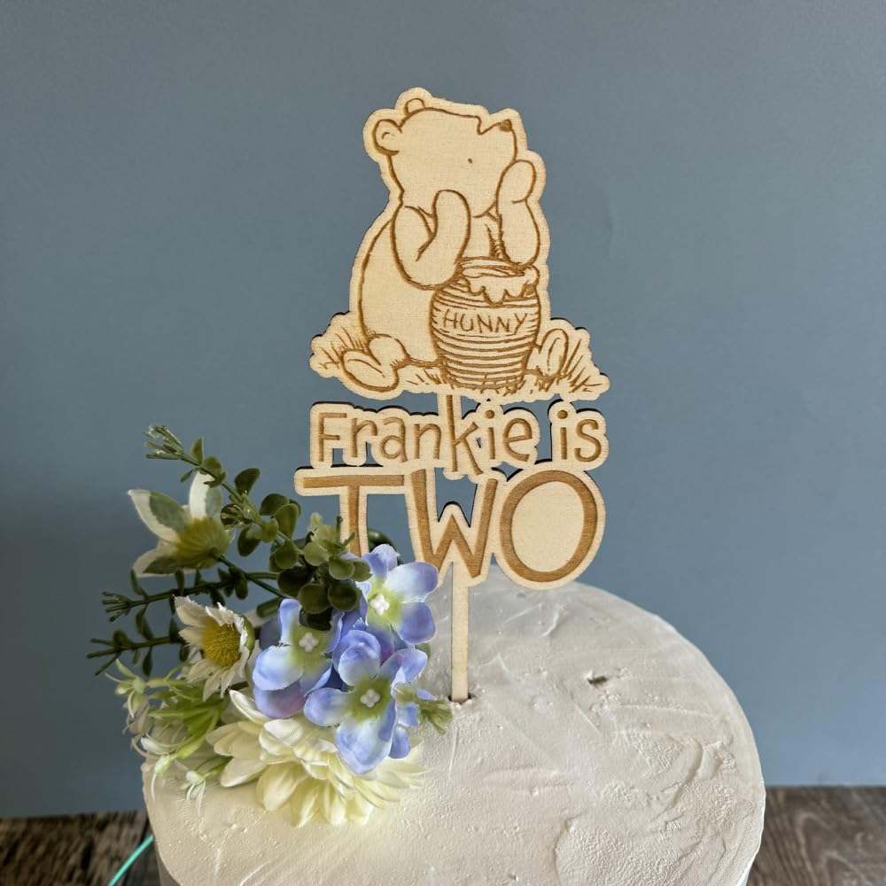 Luck And Luck Brown Personalised Winnie The Pooh Cake Topper, Childrens Character Birthday Party, Wooden Kids Cake Decoration, Customisable Cake Topper