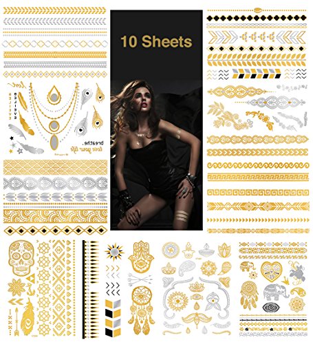 Metallic Temporary Tattoos - Waterproof Nontoxic 150+ Designs 10 Large Sheets Flash Fake Tattoos Stickers in Gold, Rose Gold & Silver, Gold101