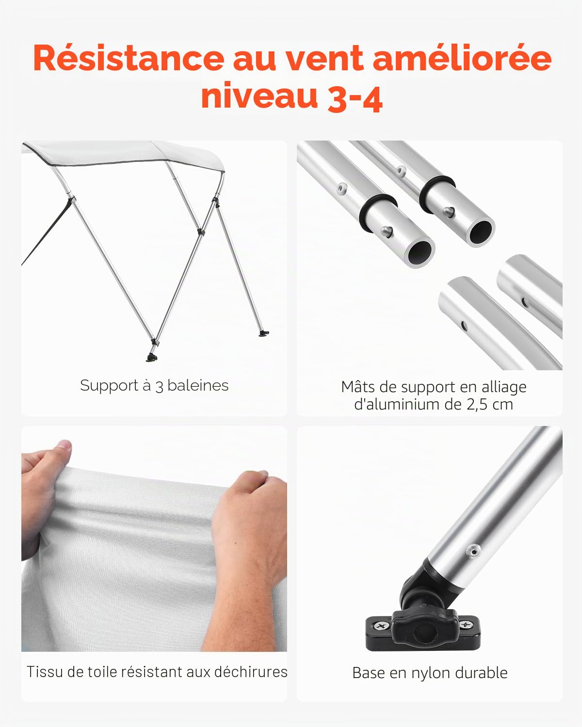 VEVOR Bimini pour Bateau à 3 arceaux, 182 x 117 x 170-182 cm, taud de Soleil avec Cadre en Alliage d'aluminium, Toile en Polyester 600D, Sac de Rangement, 2 poteaux de Support, 4 Sangles, Gris Clair