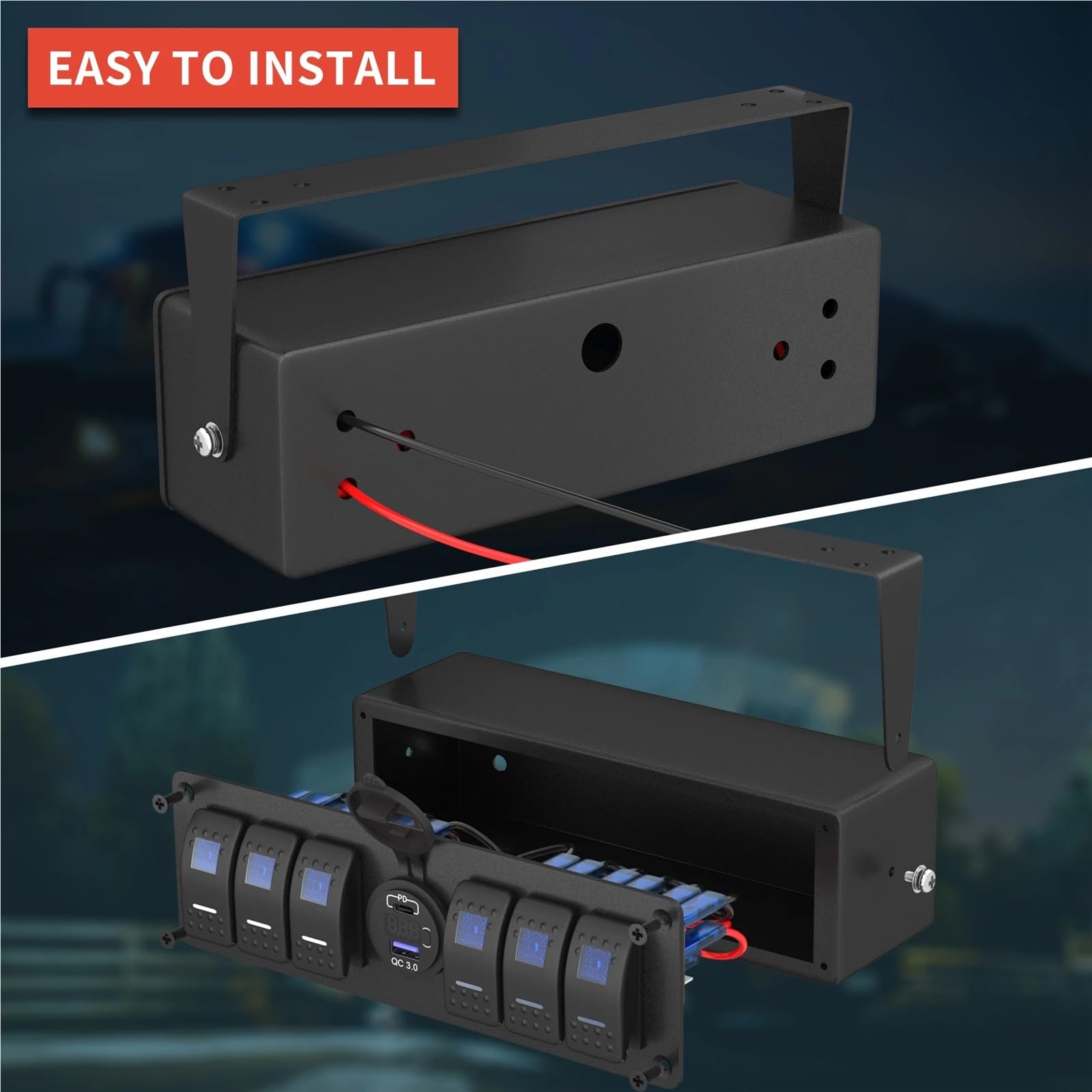 Interruptores marinos, Caja de interruptor basculante de 6 unidades, impermeable, 12 V, SPST, encendido/apagado, panel de interruptores de luz LED con doble salida USB PD3.0 y puerto USB QC3.0 for aut