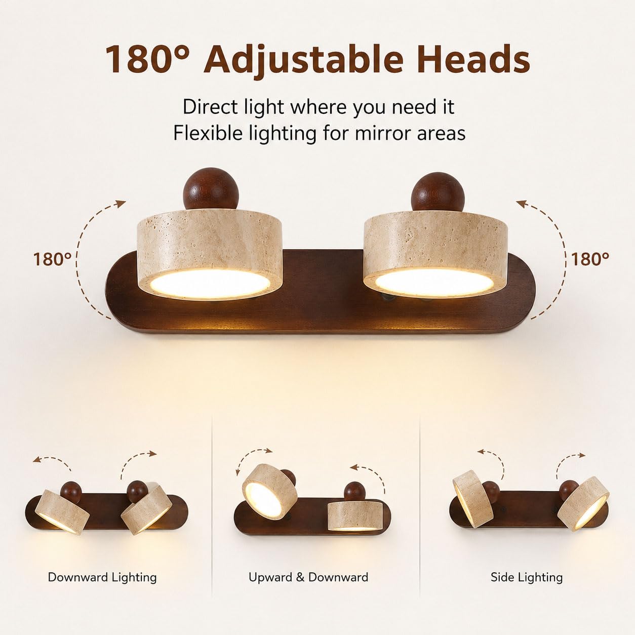 Spiegelleuchte Bad aus Naturtravertin und Massivholz, LED Badlampe über Spiegel, 2/3/4 Leuchtenköpfe, 3000 K Warmgelbes, 180° drehbar, Walnuss/Naturholz, für Schminktisch,Walnut color,2 Light