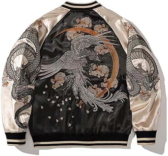 USTZFTBCL Sukajan Crane Embroidery Baseball Jacket Double-Sided Satin Bomber,Harajuku Style