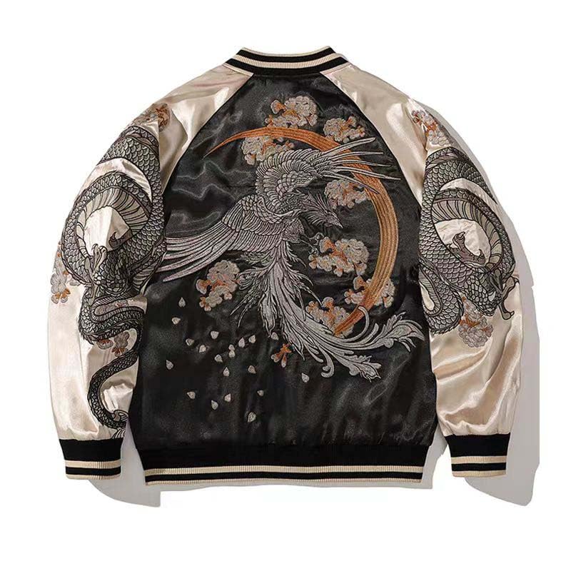 Chaqueta Sukajan para tus planes urbanos de otoño con bordado de dragón satén unisex