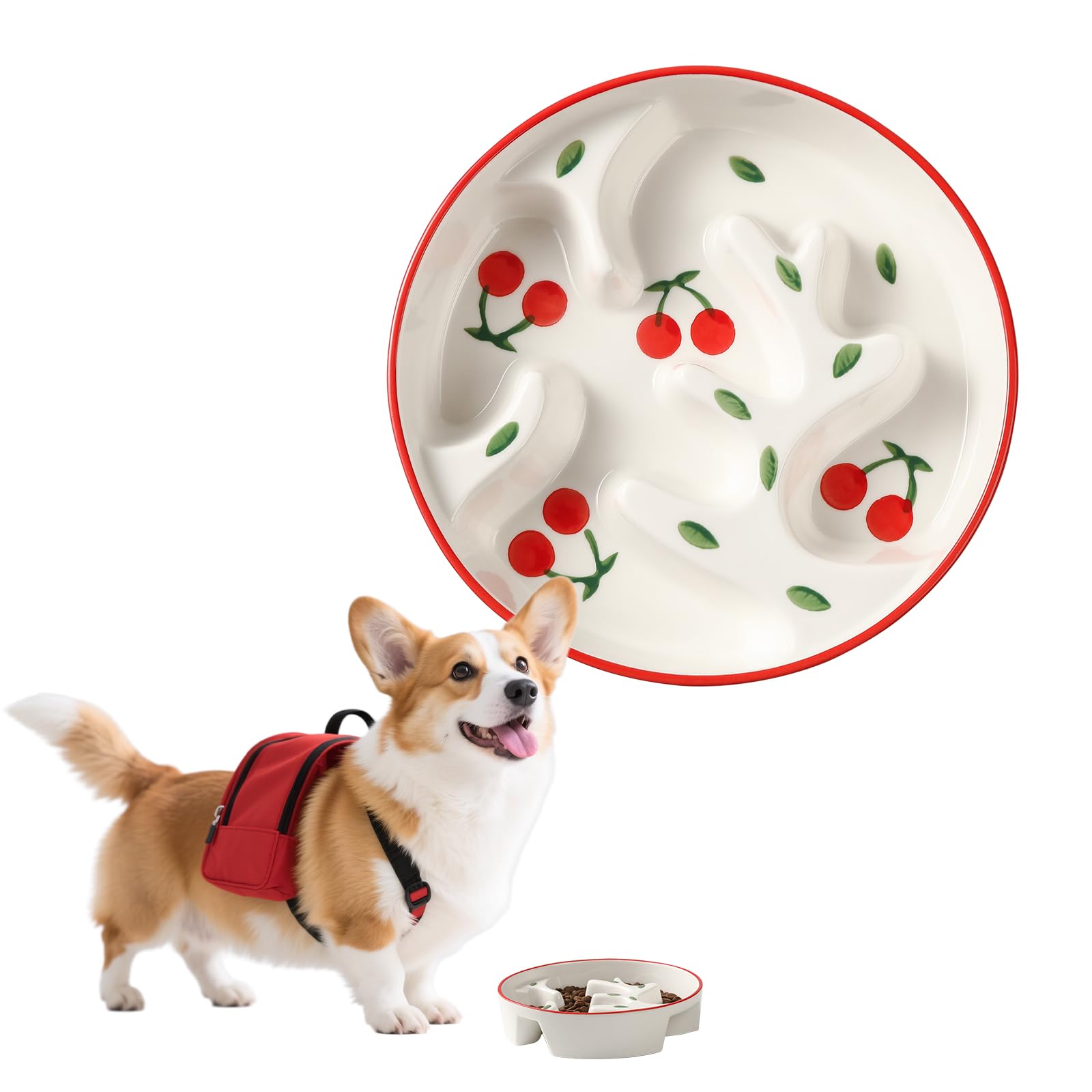 Ciotola anti ingozzamento cani in ceramica - Per taglia media e grande, controllo porzioni - Labirinto carino per alimentazione lenta - Fino a 310 g - Serie Doodle Ciliegia