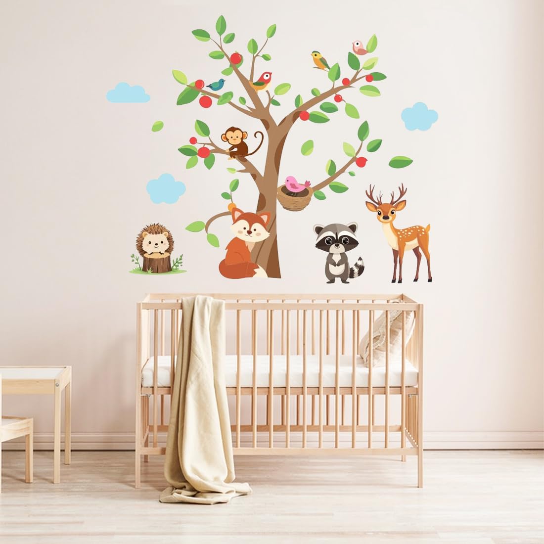 PLIGREAT 2 Sheets Watercolor Jungle Animal Wall Decal Cartoon Monkey Fox Trees Wall Stickers for Kids Bedroom Living Room Cabinet Nursery Decoration DIY Creative Wall Art Decor - Image 3