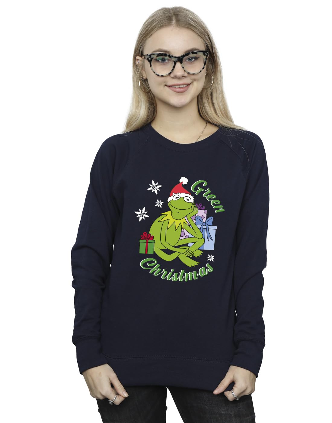 Disney Women's The Muppets Kermit Christmas Sweatshirt Navy Blue XXXX-Large
