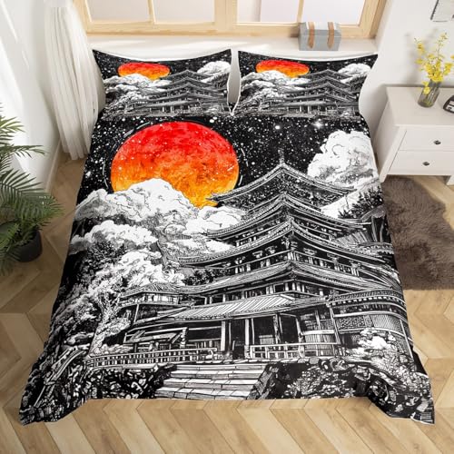Homemissing Juego de funda de edredón de casa japonesa, tamaño King, diseño de edificio vintage japonés, para niños y niñas, arquitectura japonesa, puesta de sol, estilo japonés (sin edredón)