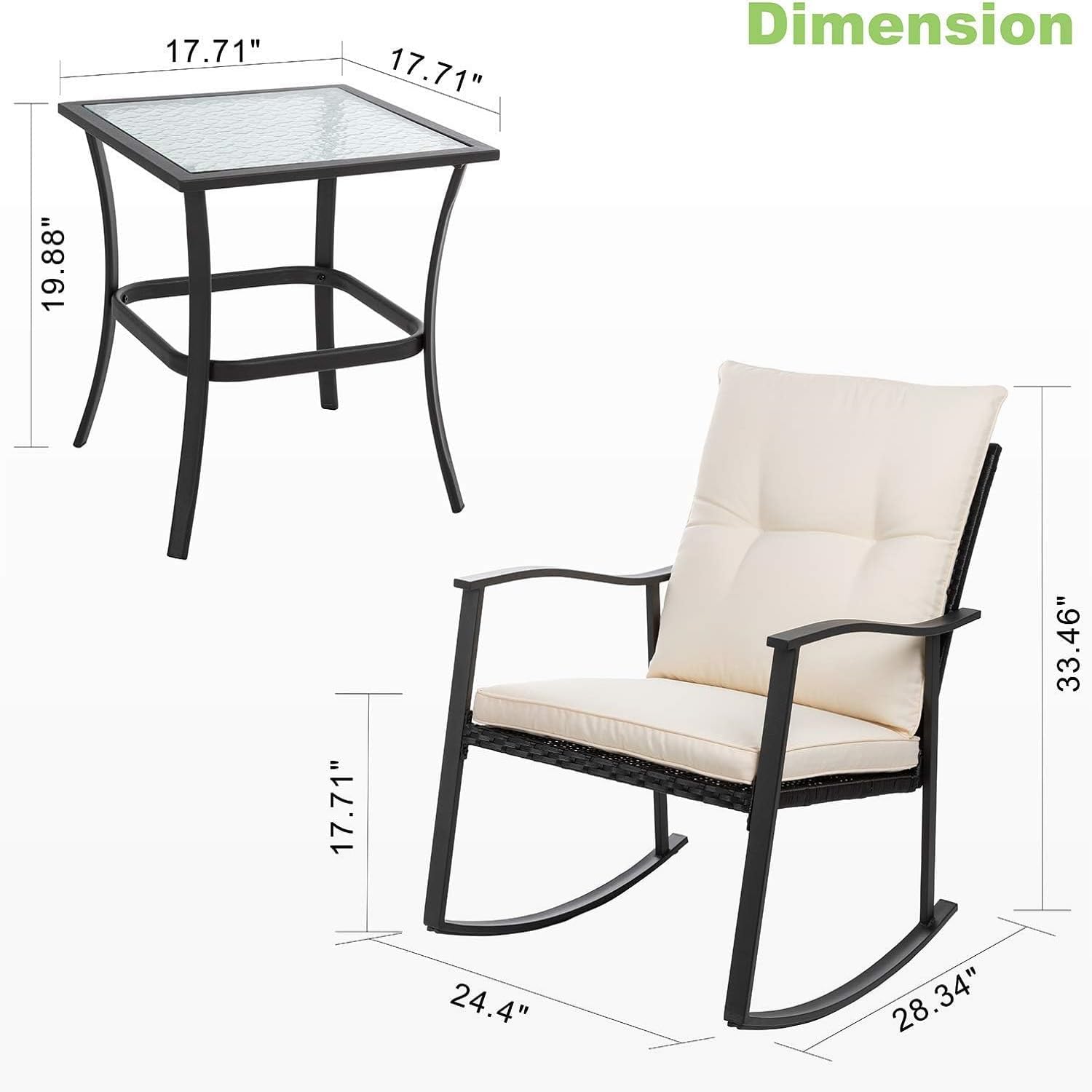 Vongrasig 3 Piece Outdoor Rocking Bistro Set, Front Porch Furniture Rocking Chairs Set of 2, Small Patio Furniture Set with Glass Table for Garden, Balcony, Backyard, Beige