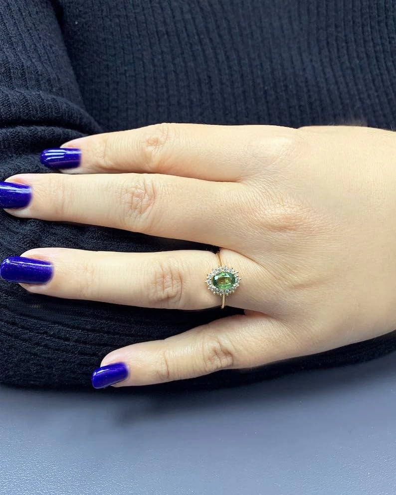 Oval Cut Green Sapphire Solitaire Ring - 14K Solid Yellow Gold Plated, Women’s Jewelry, Promise, Anniversary, Engagement & Wedding Band, Elegant Statement Ring, Gift for Her3