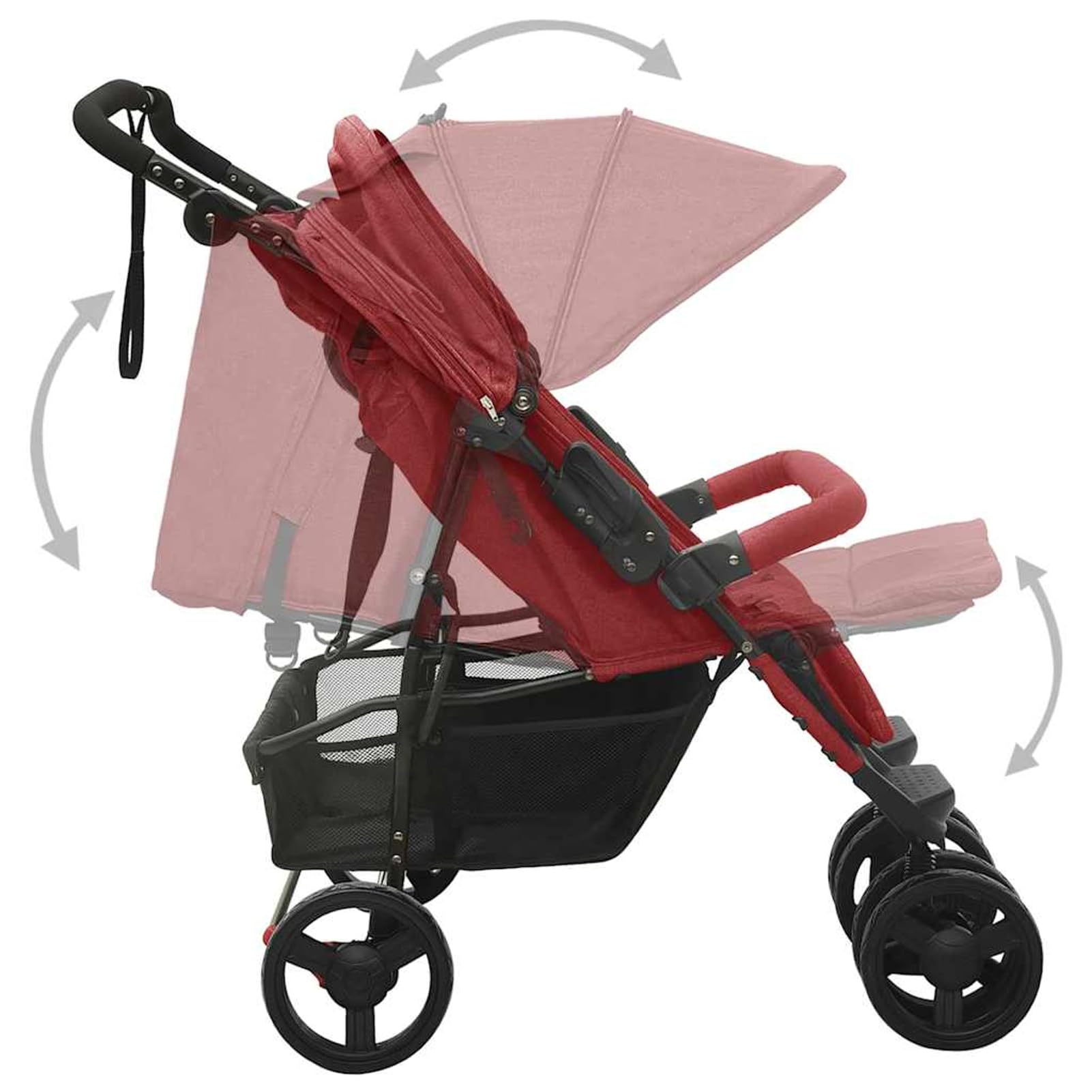 Cochecito Gemelar Plegable, Con Respaldo Ajustable, Reposapiés, Capacidad 15 kg, Rojo, Acero y Lino, para Paseos en Parque Modelo DYEEG-10245ES-MN