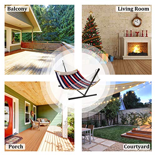 Double Hammocks with 12ft Hammock Stand,Durable Quilted Fabric Hammock w/Foldable Bar & Detachable Pillow,450 Pounds Capacity,Stable Detachable Metal Stand - Thumbnail 3