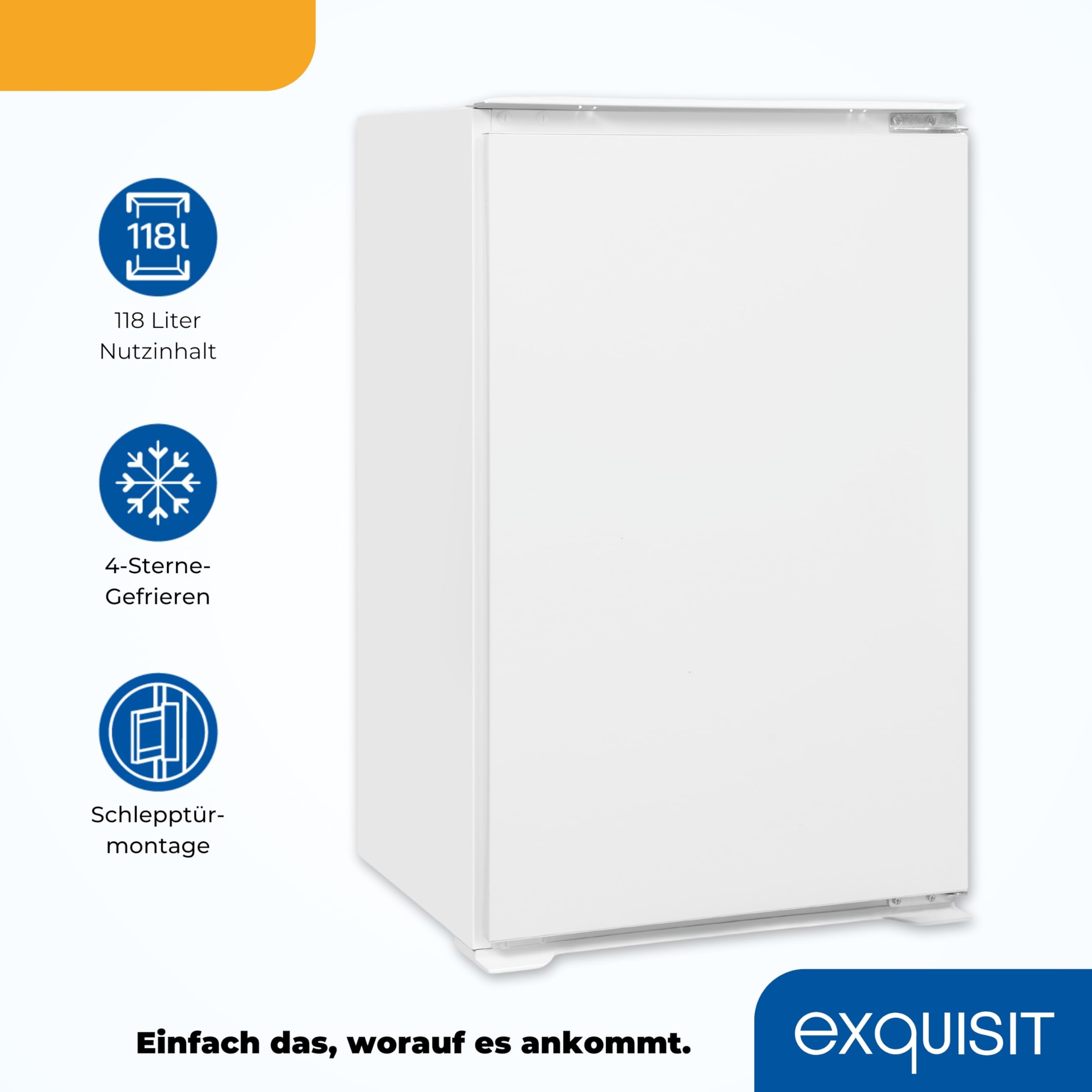 Exquisit EKS5131-4-E-040E Einbaukühlschrank mit Gefrierfach, 88cm Nische | Einbaugerät mit 118L Nutzinhalt, 4-Sterne-Gefrierfach, Schlepptür, LED-Licht & Gemüseschublade, leise 39 dB, Weiß