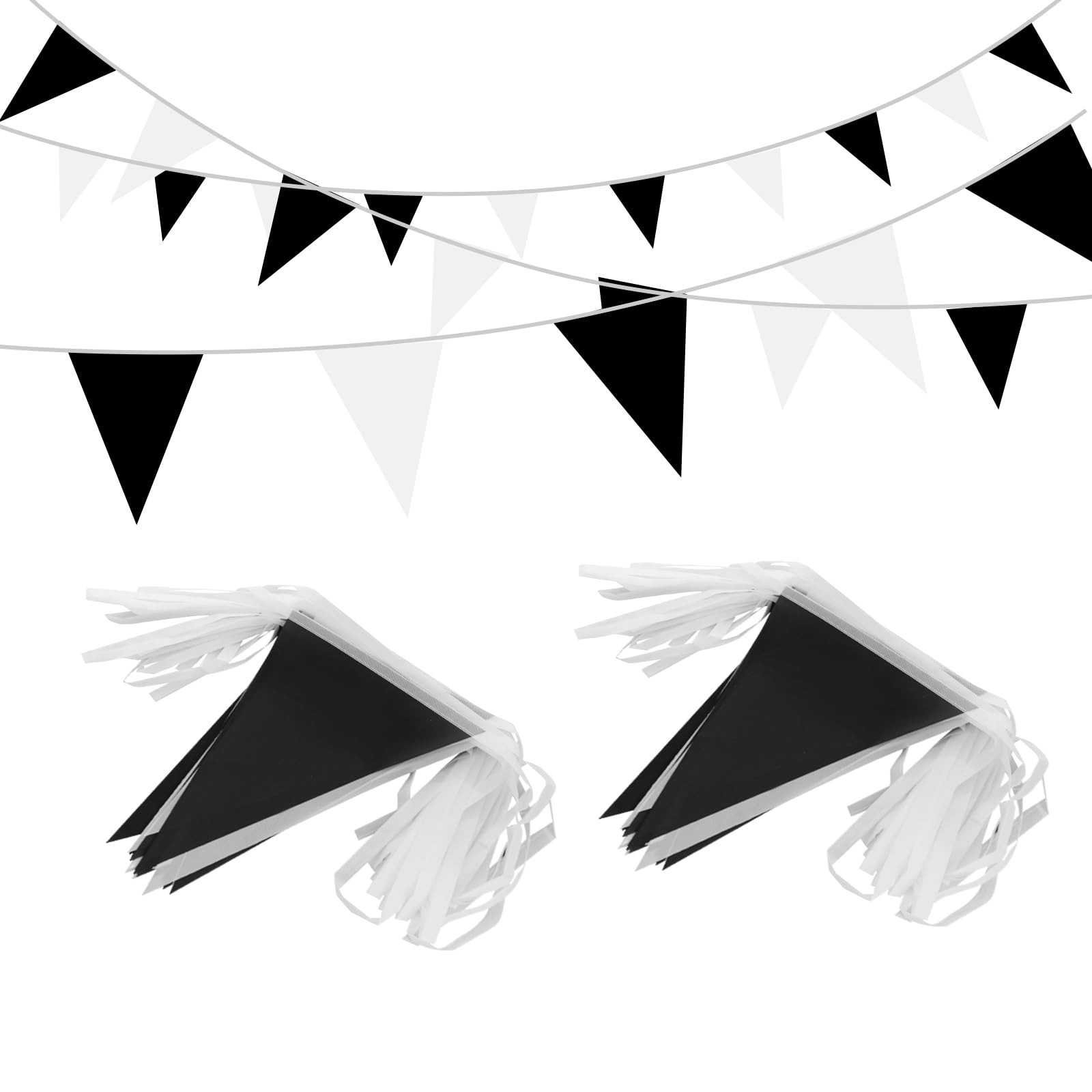 Banderines triangulares de tela de 100 pies/76 unidades, decoraciones de fiesta para bodas, cumpleaños de niños, decoración de festivales colgantes de jardín al aire libre (negro, blanco)